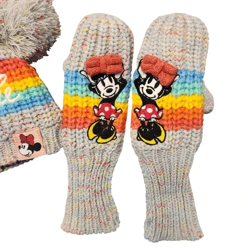 Disney Minnie Mouse Toddler Girls Rainbow Knit Beanie and Mittens Set XS/S 3-6y